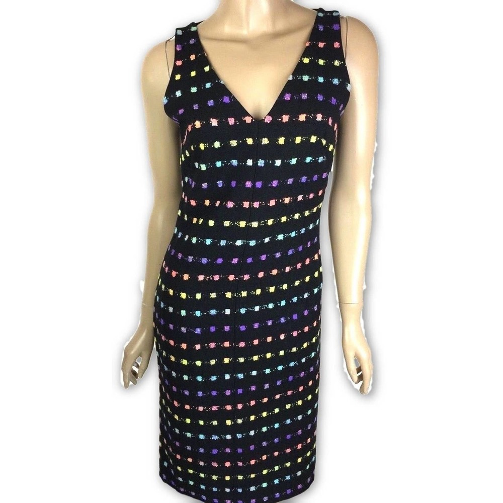 Diane Von Furstenberg Sheath Dress Sleeveless Sz 2 Black w Multi-Color Dots $448
